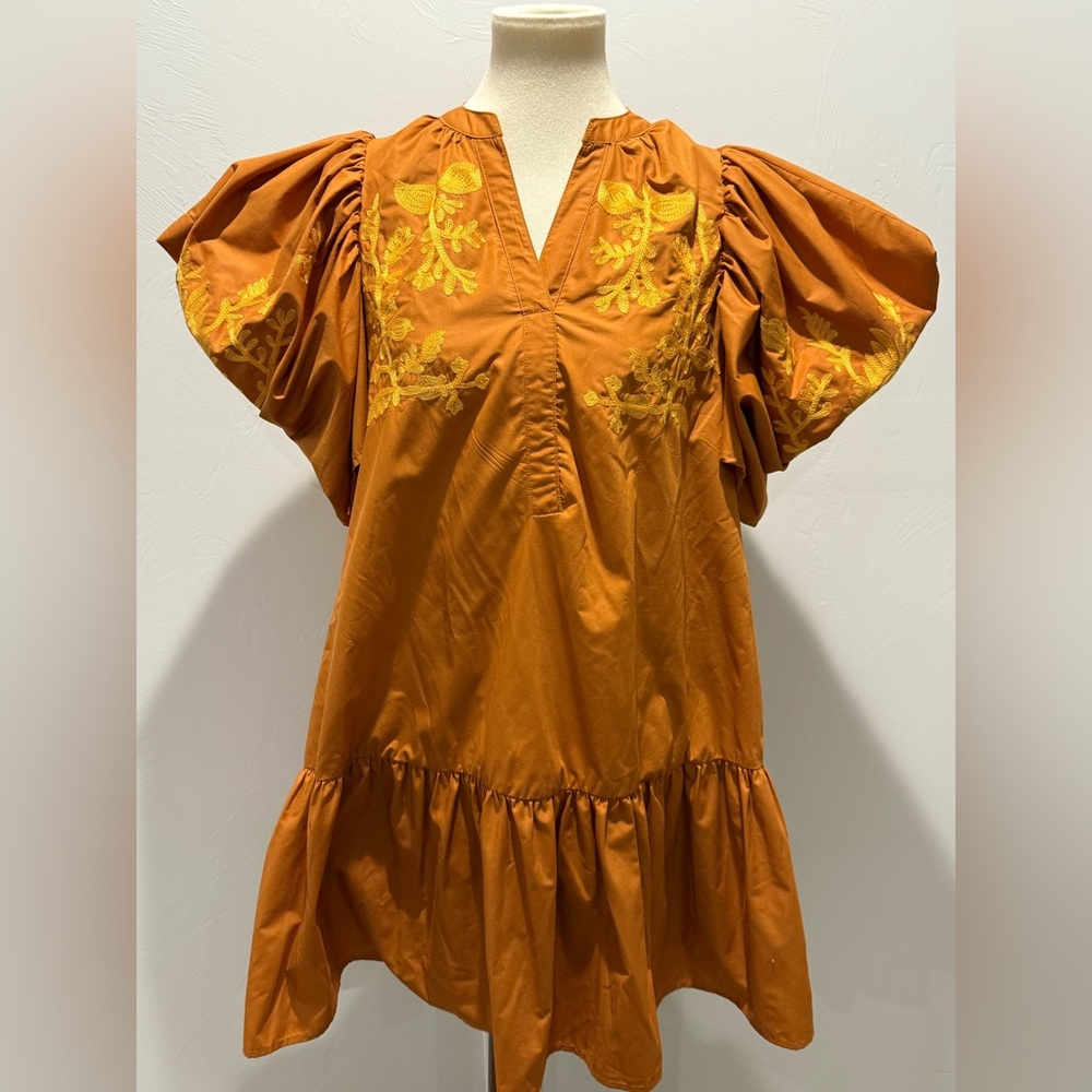 Entro Burnt Orange Dress with Yellow Embroidery
